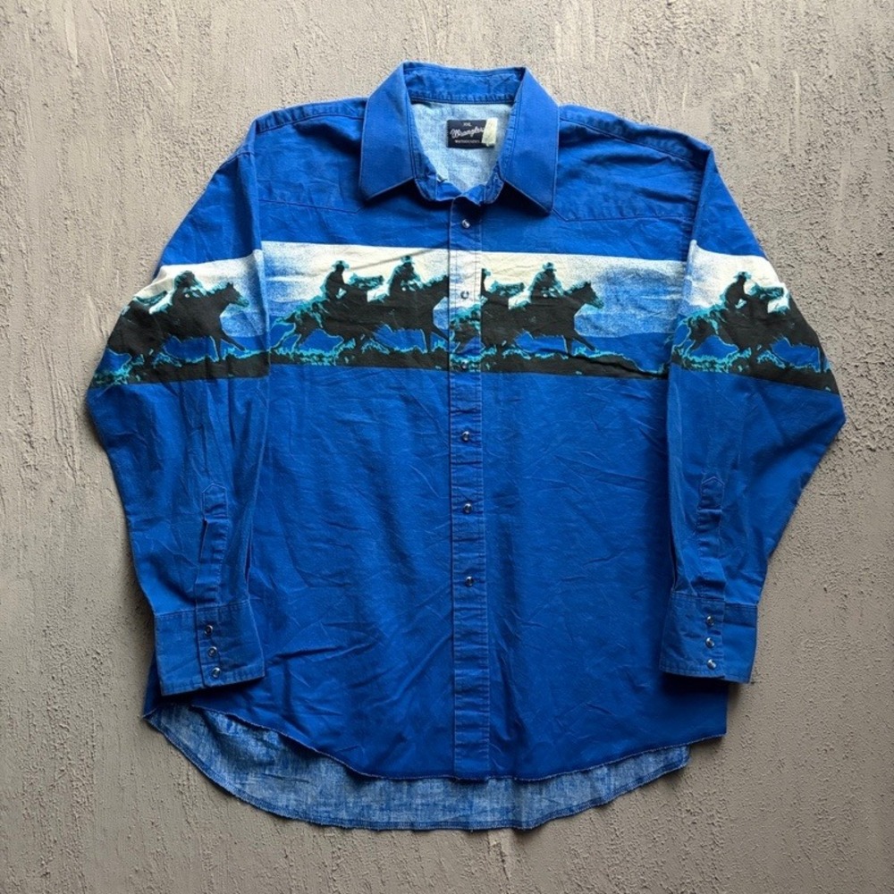 Vintage Wrangler Western Shirt XXL Blue 1990s Horse Print Cowboy Snap Button Up